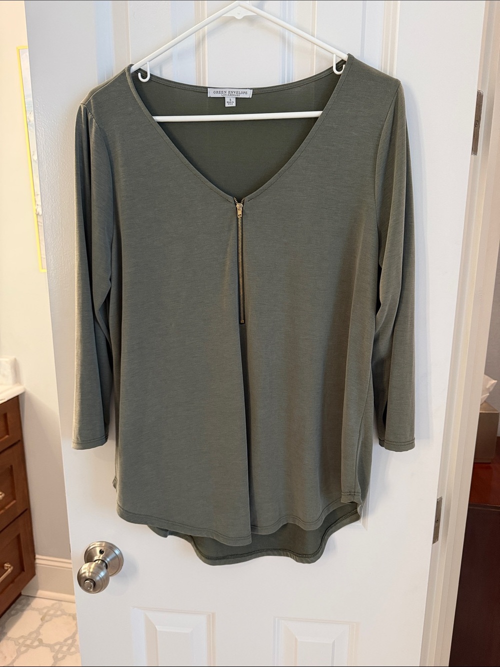 Green Envelope Olive Zip-V Neck 3/4 Sleeve Top